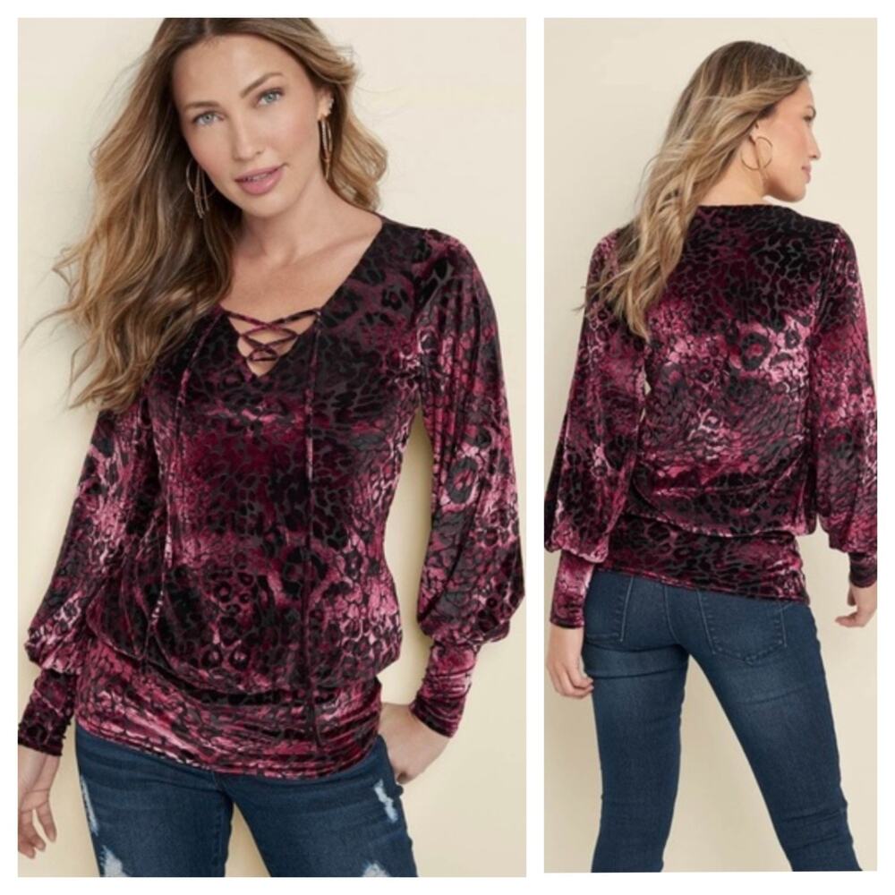 Venus Velvet Burnout Top 2X* Berry Black Lace Up V Neck Whimsigoth Boho Holiday